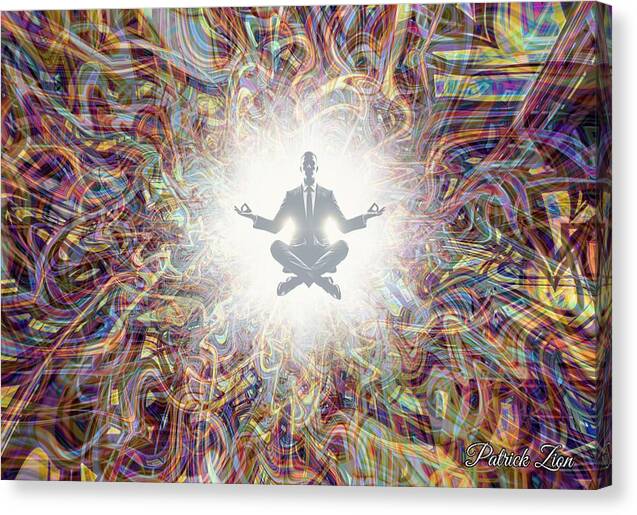 Boardroom Balance – abstract spiritual canvas print by Patrick Zion, mirrored edge version showing a meditative silhouette in radiant light and fractal motion, representing mindfulness in the chaos of creation.