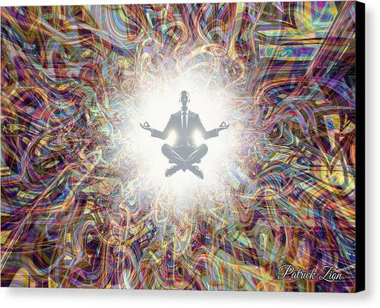 Boardroom Balance – psychedelic fractal canvas art by Patrick Zion, black edge version depicting a meditating businessman radiating light amid colorful abstract energy, symbolizing harmony between ambition and inner peace.