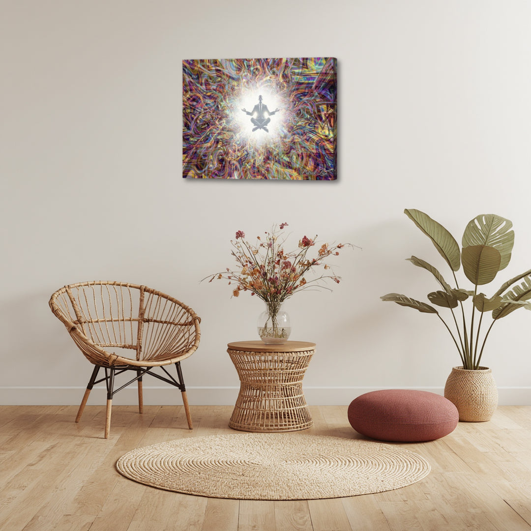 Boardroom Balance artwork by Patrick Zion in a minimalist boho space, depicting a centered meditating figure within intricate colorful fractal patterns representing alignment, consciousness, and inner equilibrium.