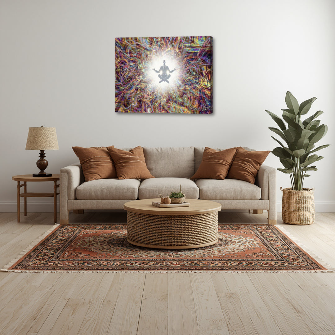 Boardroom Balance by Patrick Zion displayed in a modern living room, featuring a meditating figure surrounded by radiant fractal light symbolizing inner peace, clarity, and harmony in everyday life.
