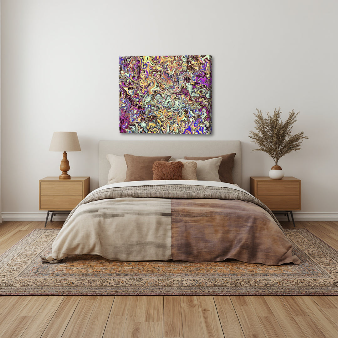 Cloud 9 – abstract fractal canvas art by Patrick Zion displayed above a cozy bedroom setting, featuring soft swirling patterns and luminous colors that evoke relaxation, dreamlike states, and peaceful emotional elevation.