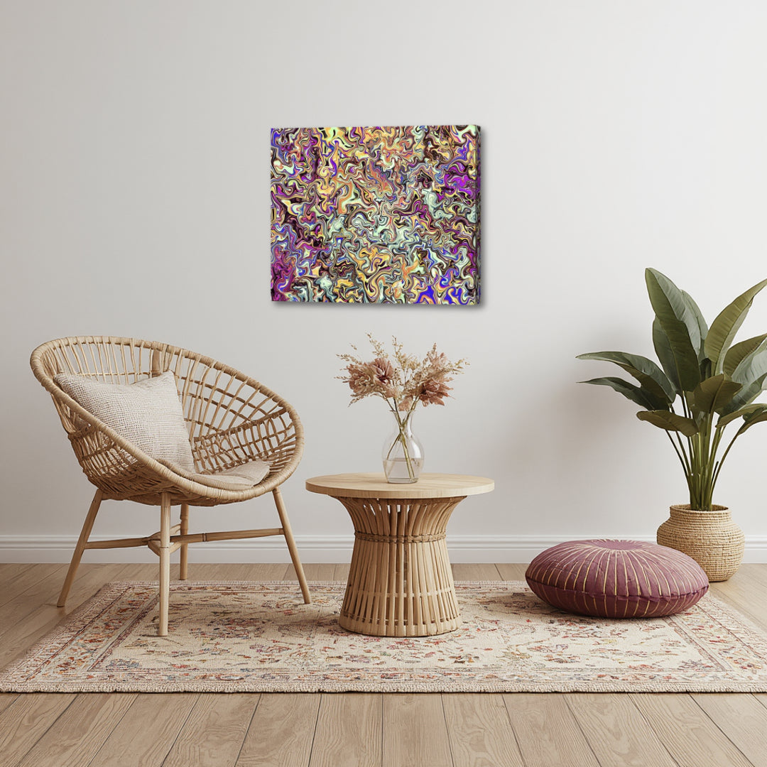 Cloud 9 – psychedelic fractal canvas art by Patrick Zion in a boho-inspired interior, showcasing intricate flowing shapes and vibrant color blends that bring a sense of harmony, creativity, and relaxed spiritual vibes.