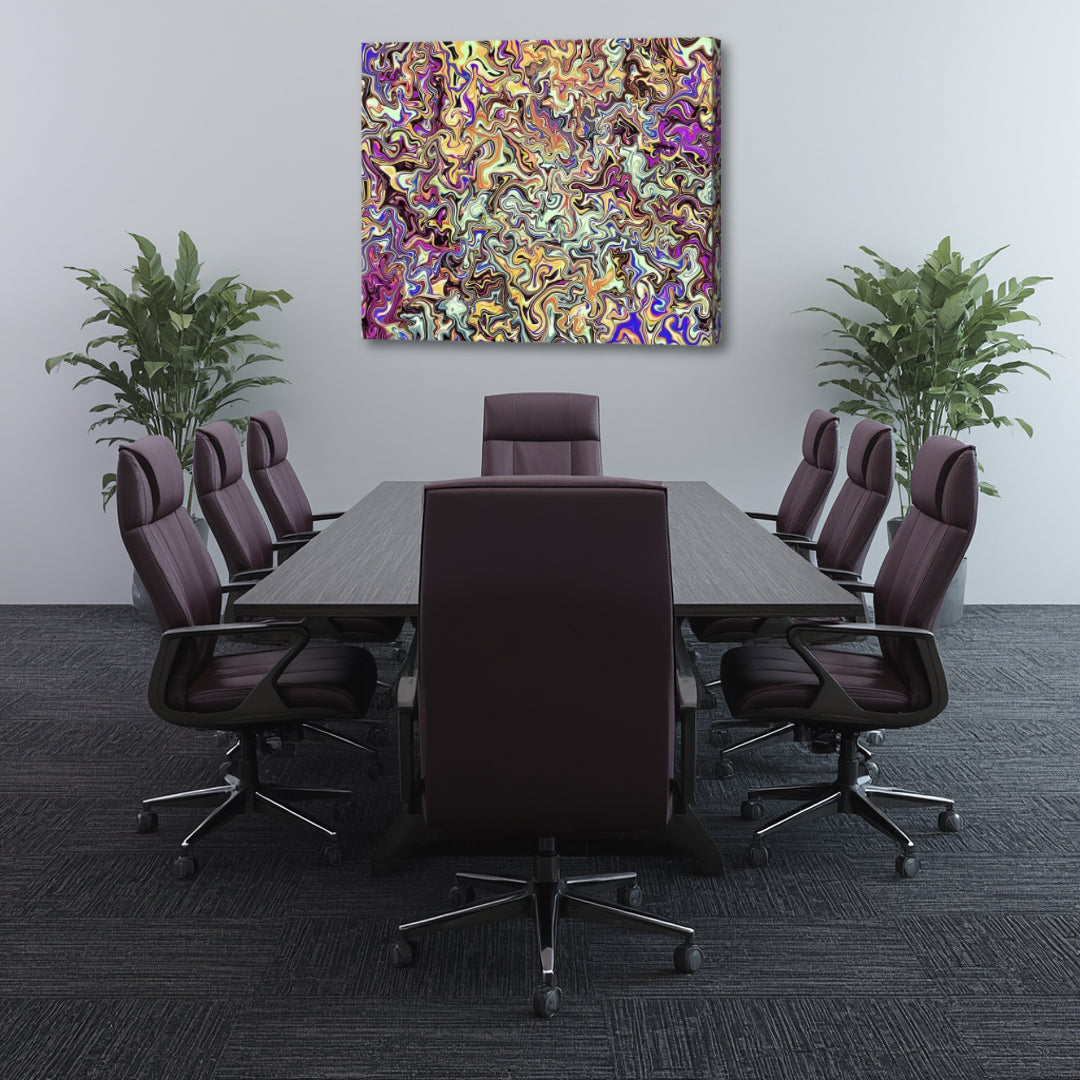 Cloud 9 canvas wall art by Patrick Zion displayed in a modern corporate boardroom above a conference table surrounded by executive chairs and indoor plants. The artwork features intricate flowing fractal patterns in purple, gold, and cream tones, bringing creativity, inspiration, innovation, and sophisticated visual energy to a professional workspace.