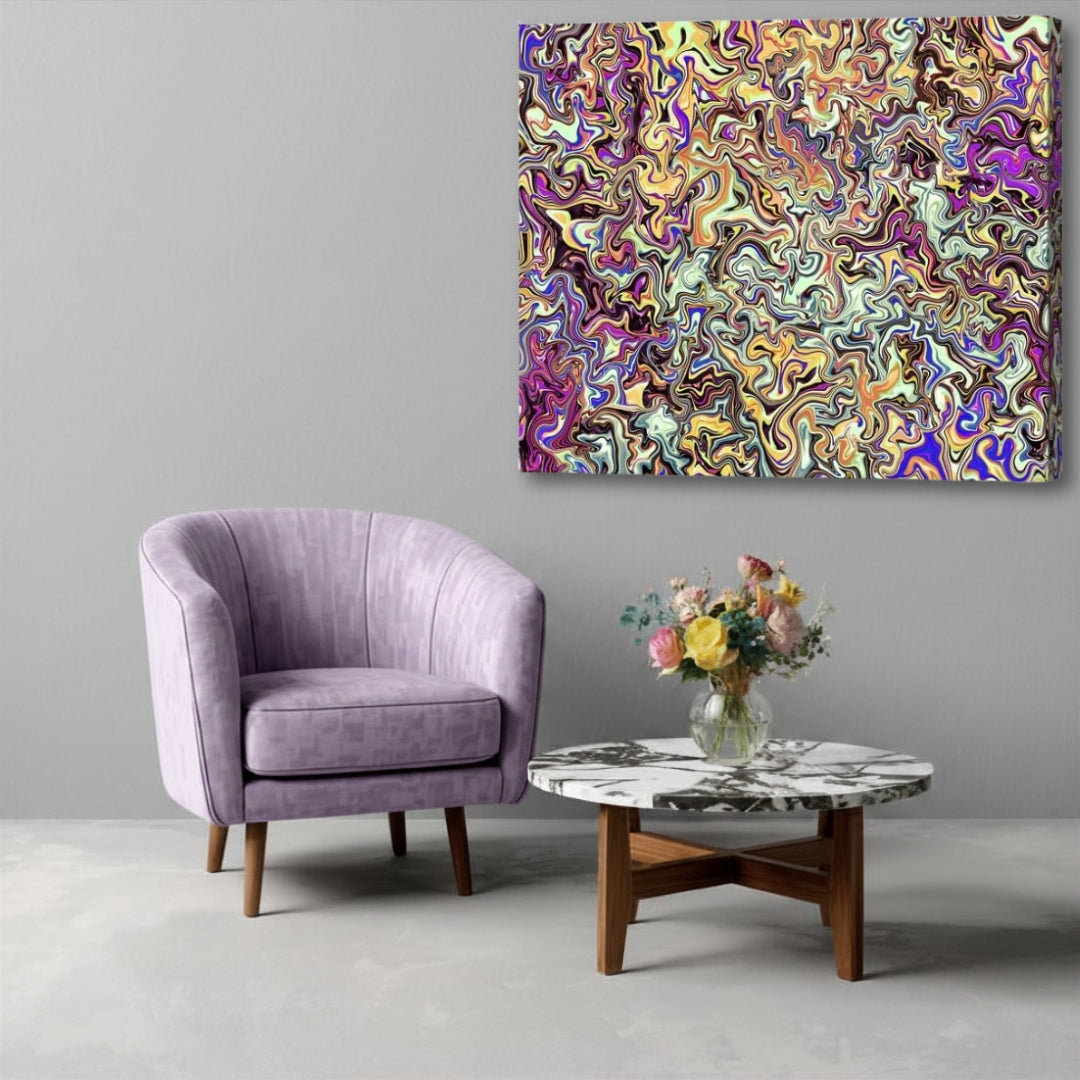 Cloud 9 – dreamy abstract fractal canvas print by Patrick Zion featured in a soft modern living room with an up-close framing, showcasing flowing pastel energy patterns, swirling psychedelic textures, and calming multicolored organic forms.