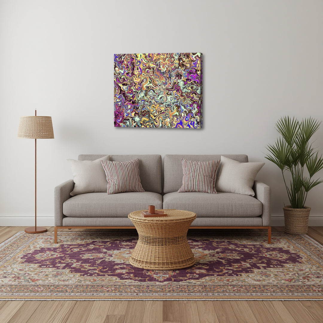 Cloud 9 – psychedelic fractal canvas art by Patrick Zion displayed in a modern living room, featuring flowing abstract patterns in vibrant pastel tones that create a light, uplifting atmosphere of joy, freedom, and elevated consciousness.