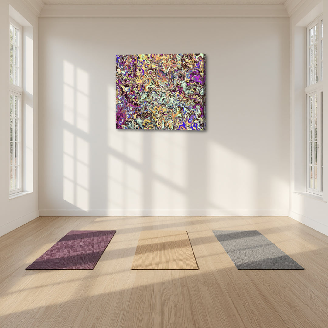Cloud 9 – spiritual fractal canvas art by Patrick Zion displayed in a meditation studio, featuring soft radiant patterns and fluid movement that inspire calm awareness, inner lightness, and a sense of floating beyond thought.