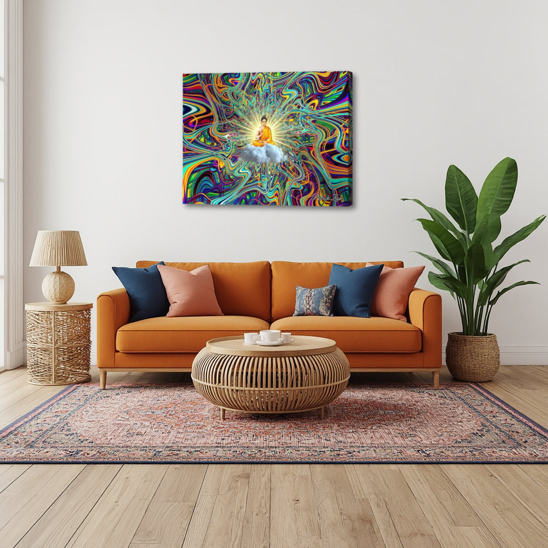 Cosmic Buddha – colorful fractal canvas art by Patrick Zion displayed in a modern living room, featuring a radiant meditating figure at the center of vibrant swirling patterns, creating a bold yet calming focal point that blends energy and serenity.