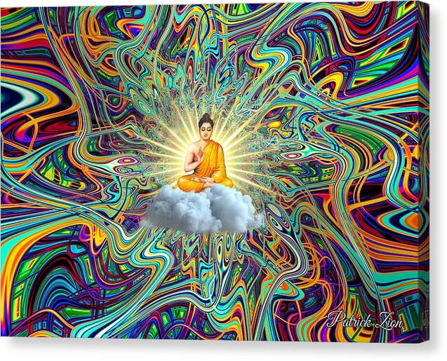 Cosmic Buddha – visionary abstract art by Patrick Zion, mirrored edge version illustrating Buddha’s transcendence within a radiant fractal vortex of color, light, and consciousness.