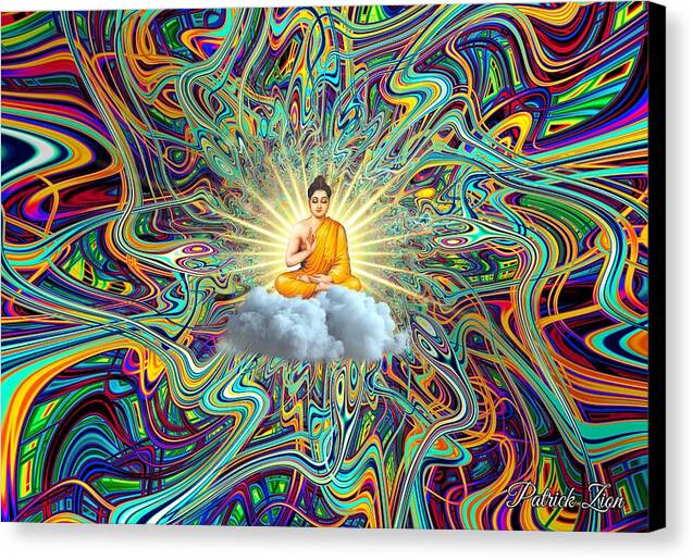 Cosmic Buddha – psychedelic fractal art by Patrick Zion, black edge version depicting Buddha meditating in a swirling vortex of rainbow energy symbolizing enlightenment and divine awakening.