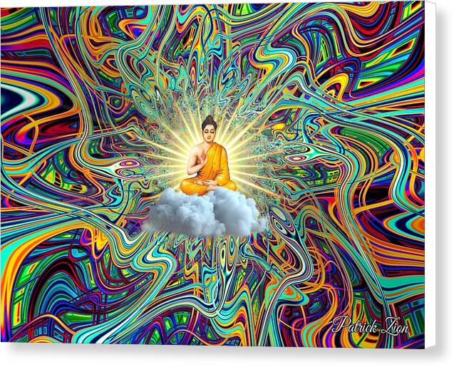 Cosmic Buddha – spiritual fractal canvas print by Patrick Zion, white edge version featuring Buddha floating on a cloud radiating golden light amidst hypnotic cosmic waves.