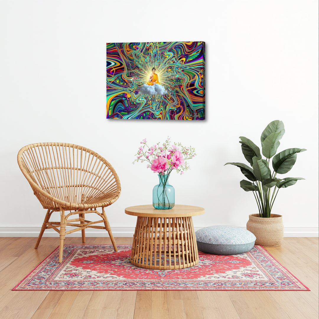 Cosmic Buddha – colorful fractal canvas art by Patrick Zion displayed in a minimalist boho corner, featuring a serene Buddha figure surrounded by vibrant cosmic patterns, complementing soft natural textures and creating a calm, balanced, and stylish interior atmosphere.