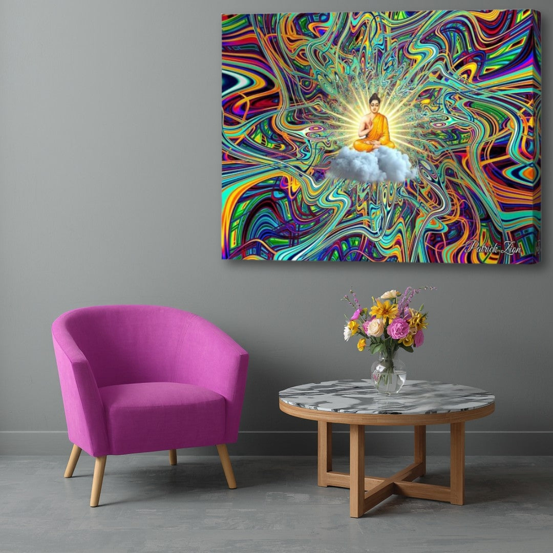 Cosmic Buddha- psychedelic spiritual wall art canvas print by Patrick Zion showcased in vibrant contemporary interior, glowing enlightened figure seated above clouds amidst colorful flowing cosmic dimensions and radiant universal energy.