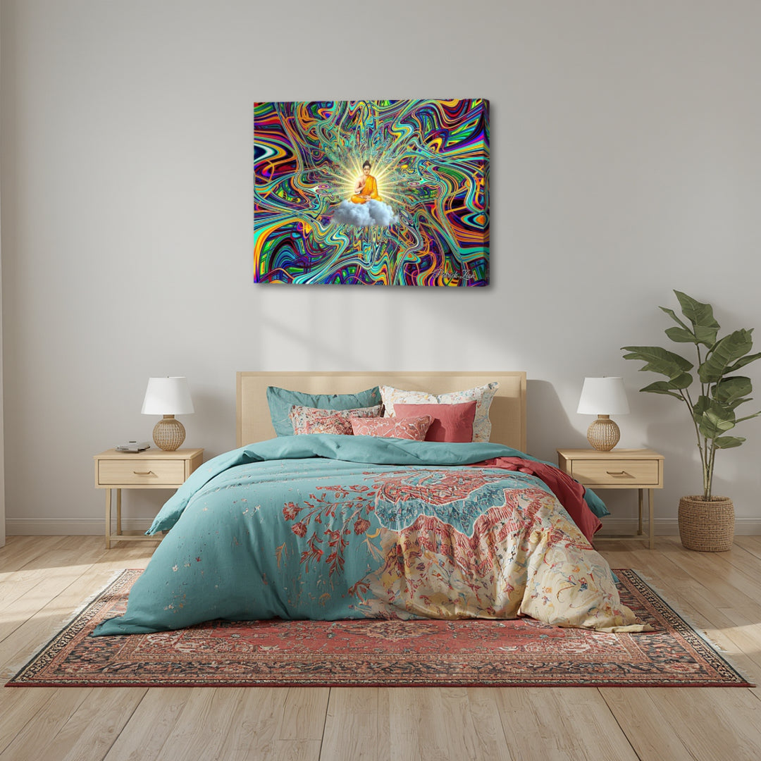 Cosmic Buddha – psychedelic spiritual canvas art by Patrick Zion displayed above a bed, featuring a serene meditating Buddha surrounded by colorful flowing fractal energy, creating a peaceful and dreamlike atmosphere for rest and reflection.