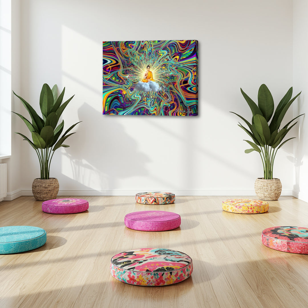 Cosmic Buddha – colorful fractal canvas art by Patrick Zion displayed in a boho-style yoga studio, featuring a meditating Buddha surrounded by vibrant cosmic patterns, creating a peaceful and uplifting atmosphere for group meditation, mindfulness, and inner balance.