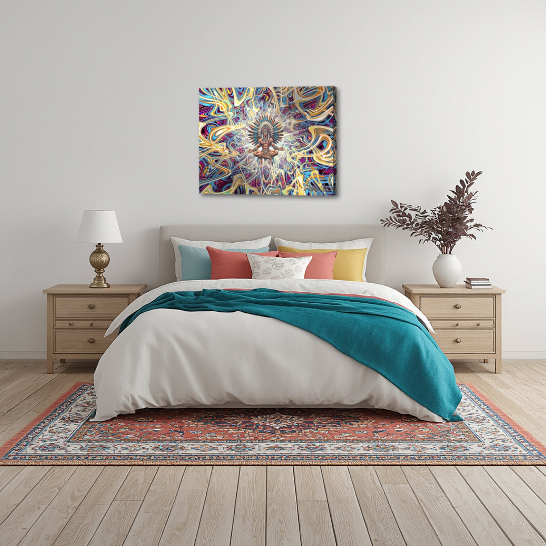 Counseling with the Ancestors – spiritual abstract canvas art by Patrick Zion displayed above a minimalist bedroom bed, featuring a meditative shamanic figure surrounded by flowing fractal energy, creating a calm and introspective atmosphere.