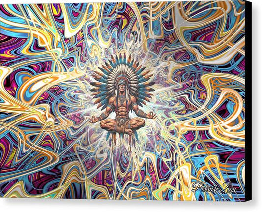 Counseling with the Ancestors – visionary fractal canvas art by Patrick Zion, black edge version portraying a meditating figure in a feathered headdress surrounded by radiant fractal energy symbolizing ancestral wisdom and spiritual connection.