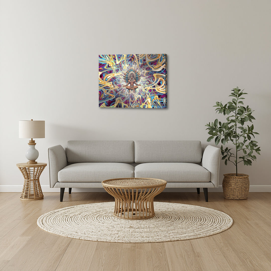 Counseling with the Ancestors – mystical abstract fractal canvas art by Patrick Zion displayed above a modern living room sofa, featuring a shamanic figure radiating energy within intricate patterns, creating a meaningful and transformative focal point.