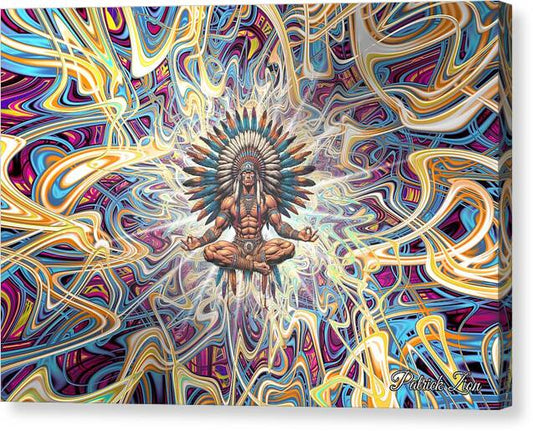 Counseling with the Ancestors – mystical abstract canvas print by Patrick Zion, mirrored edge version featuring a shamanic figure radiating divine energy amid colorful fractal geometry, embodying the link between past and higher dimensions.