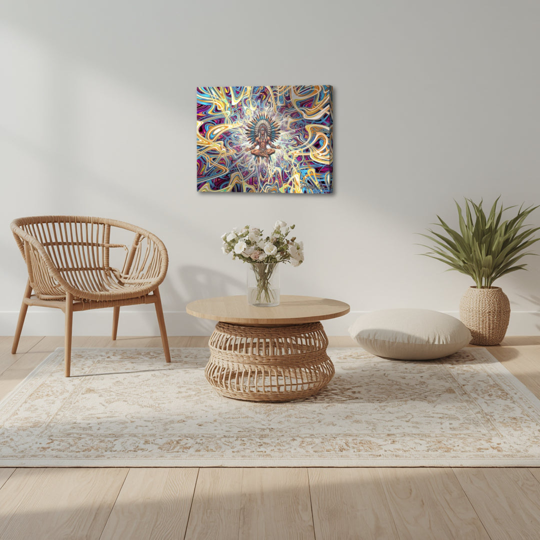 Counseling with the Ancestors – spiritual fractal canvas by Patrick Zion displayed in a boho minimal corner setting, featuring a meditative figure surrounded by intricate radiant fractal patterns, evoking ancestral wisdom, inner guidance, and a deep connection to timeless spiritual knowledge.