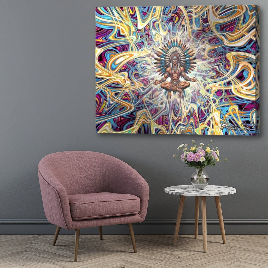 Counseling with the Ancestors- tribal spiritual wall art by Patrick Zion displayed in contemporary home setting, meditative ancestral figure surrounded by luminous flowing patterns and sacred visionary atmosphere.