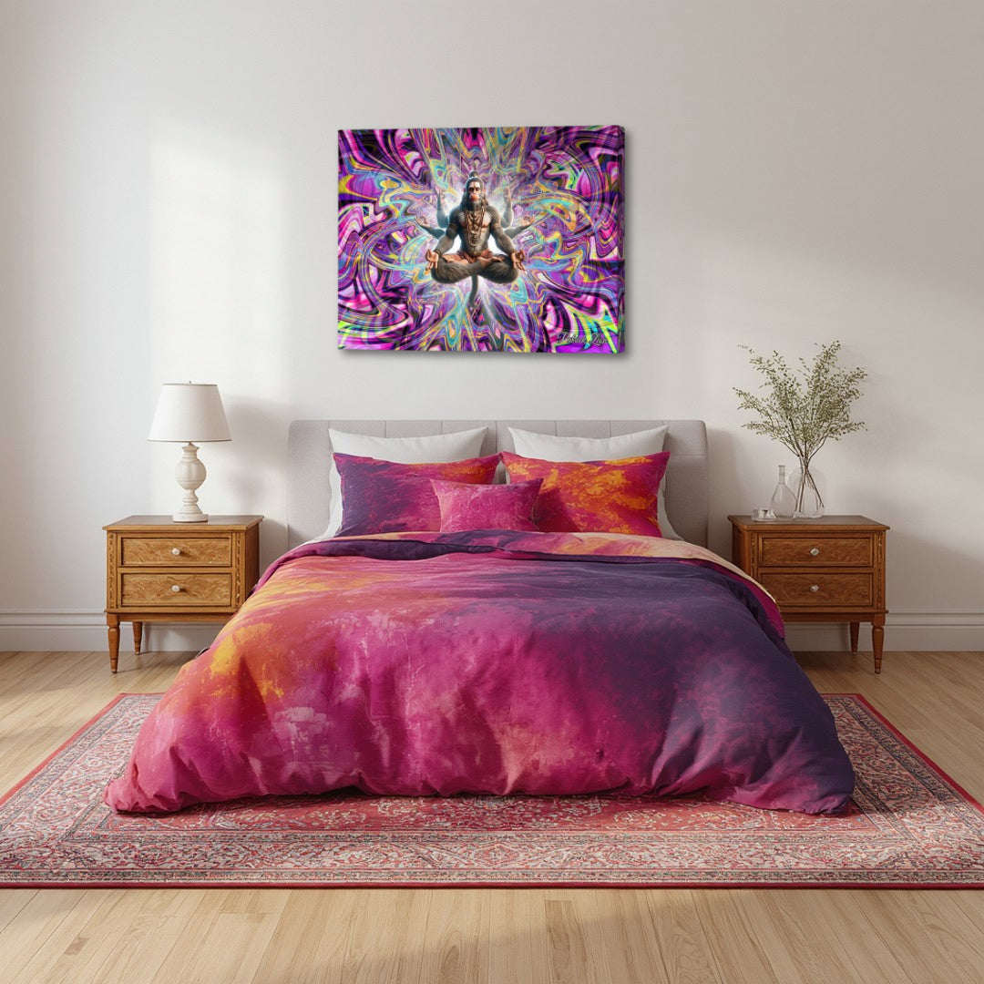 Divine Hanuman by Patrick Zion above a serene bedroom, depicting a sacred meditative figure inspired by Hanuman within radiant fractal energy representing inner strength, protection, and divine consciousness.