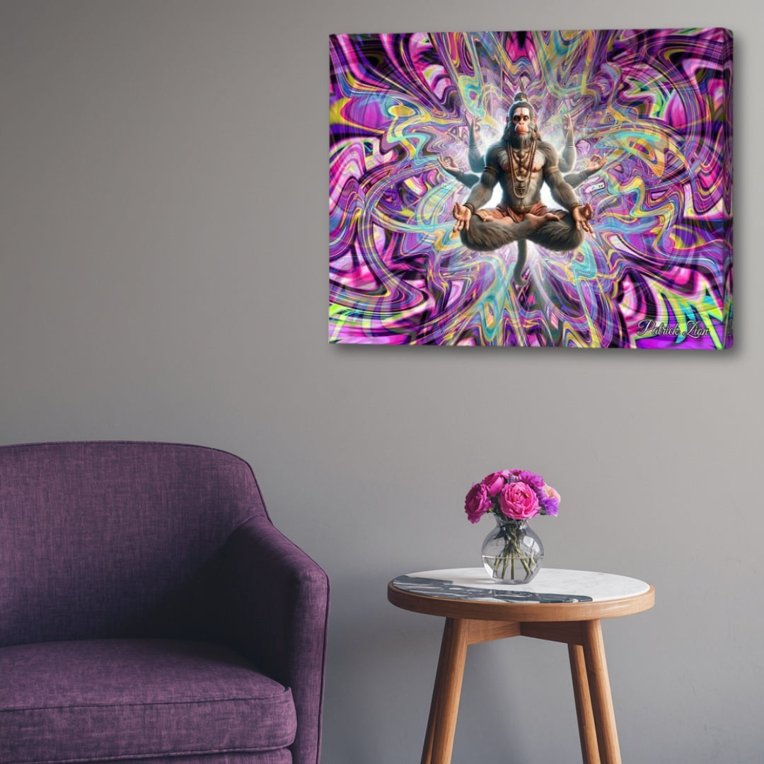 Divine Hanuman – spiritual canvas artwork by Patrick Zion featuring Hanuman in deep meditation surrounded by radiant white light and vibrant psychedelic fractal energy. Inspired by Hindu mythology, devotion, strength, courage, and spiritual awakening, displayed in a modern interior setting.