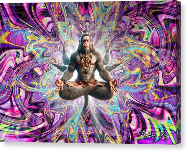 Divine Hanuman – trippy spiritual canvas print by Patrick Zion, mirrored edge version showing a luminous meditating deity immersed in radiant fractal light symbolizing strength and transcendence.