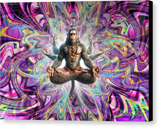 Divine Hanuman – psychedelic spiritual art by Patrick Zion, black edge version depicting a meditating divine being radiating light and power within a vivid fractal energy field.