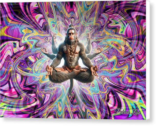 Divine Hanuman – visionary fractal canvas art by Patrick Zion, white edge version illustrating a divine meditative figure surrounded by colorful waves of energy and sacred geometry-inspired motion.