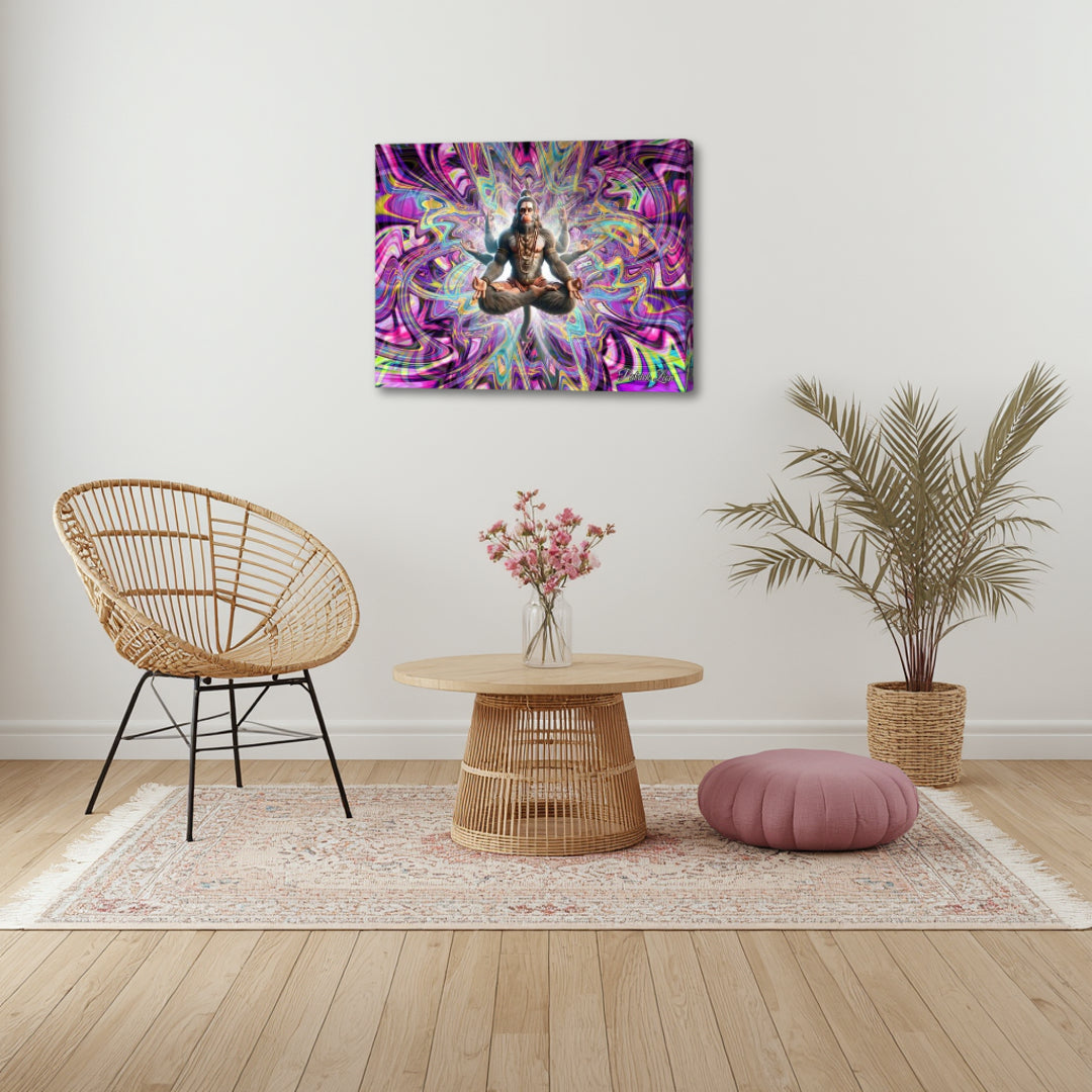Divine Hanuman artwork by Patrick Zion in a cozy boho interior, showing a meditative Hindu-inspired figure surrounded by colorful abstract fractal patterns symbolizing devotion and higher awareness.