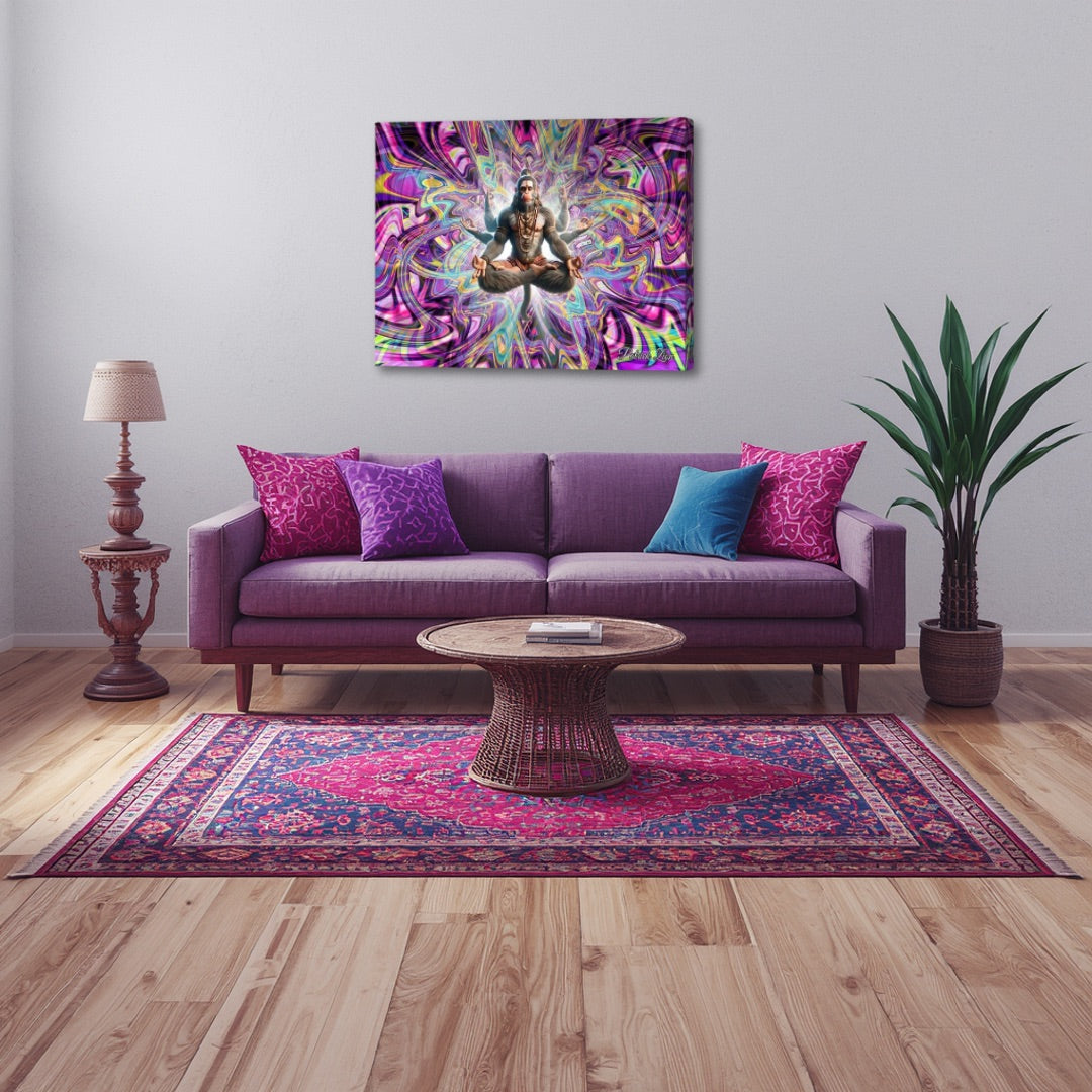 Divine Hanuman by Patrick Zion displayed in a modern living room, featuring a meditative Hindu deity surrounded by vibrant psychedelic fractal patterns symbolizing devotion, strength, and spiritual awakening.