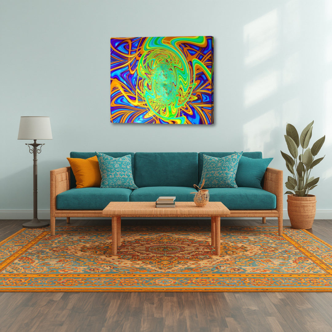 Dopey artwork by Patrick Zion in a modern living room, showcasing swirling neon fractal forms and bold color contrasts that bring a lively psychedelic atmosphere.