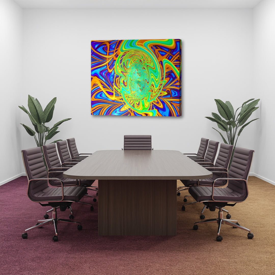 Dopey canvas wall art by Patrick Zion displayed in a modern executive conference room. The artwork features a vibrant abstract fractal composition with swirling turquoise, lime green, electric blue, orange, and gold patterns radiating from a luminous center, creating a playful yet energetic visual experience that evokes creativity, imagination, curiosity, and free-flowing thought.