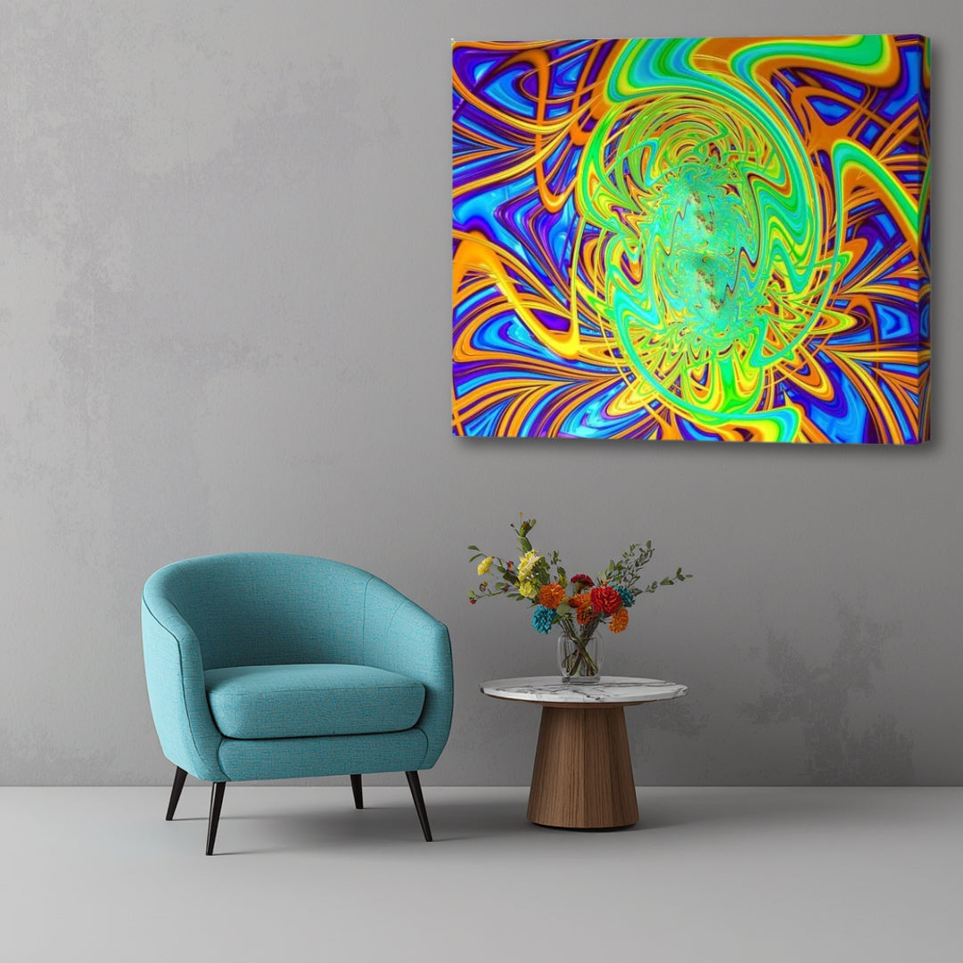 Dopey – colorful psychedelic fractal canvas artwork by Patrick Zion displayed in a modern interior with an up-close perspective, featuring vibrant swirling neon patterns, hypnotic abstract energy waves, and luminous multidimensional forms in electric blue, green, orange, and purple tones.