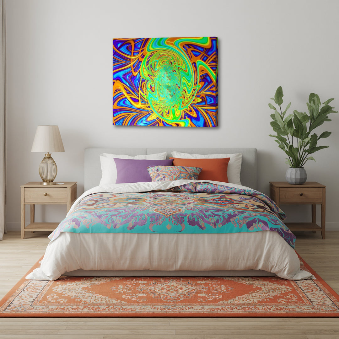 Dopey by Patrick Zion above a cozy bedroom setting, highlighting vivid abstract fractal shapes in bright, flowing colors that create a dreamy psychedelic mood.