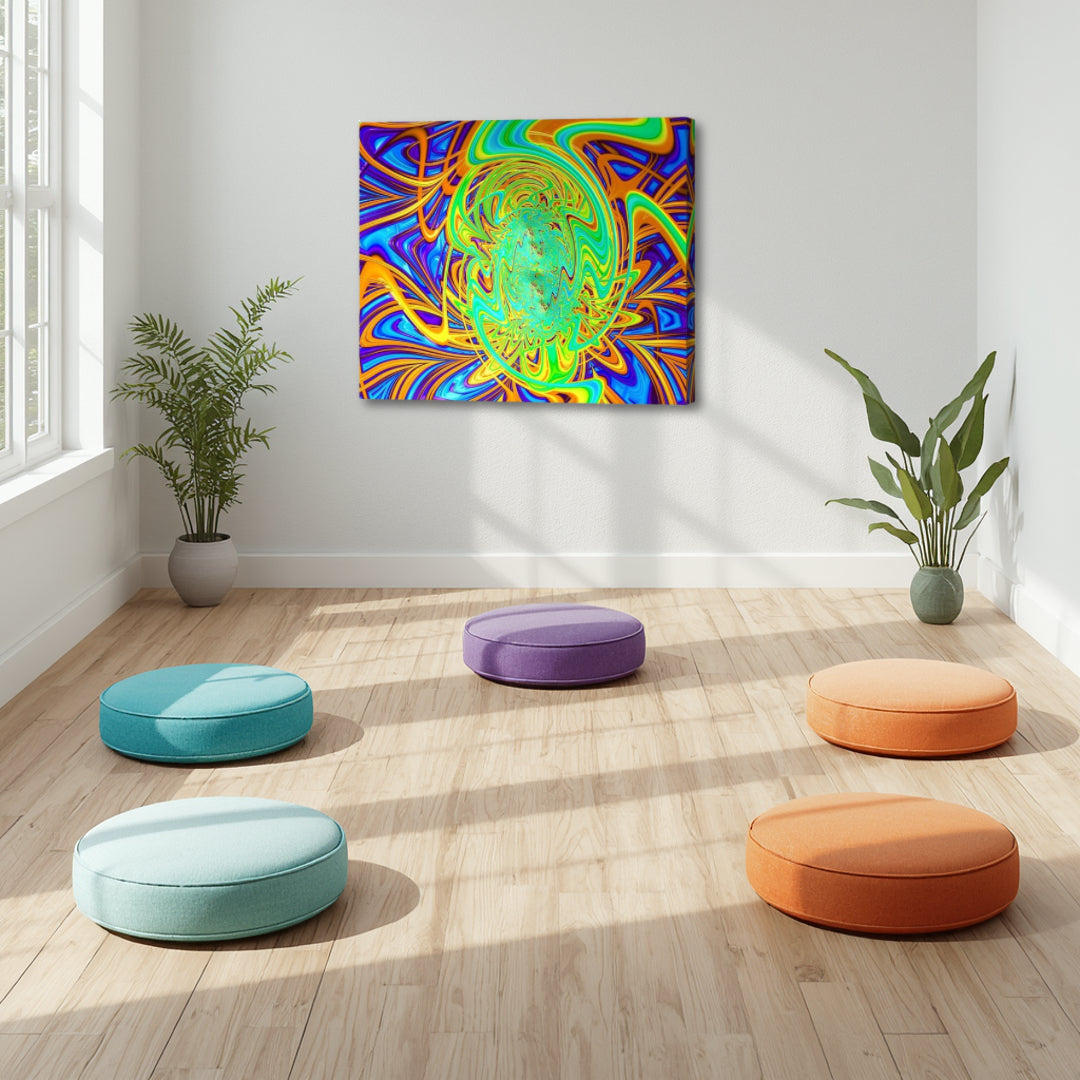 Dopey by Patrick Zion displayed in a bright meditation space, featuring vibrant psychedelic fractal patterns with flowing colors and a playful, uplifting energy.