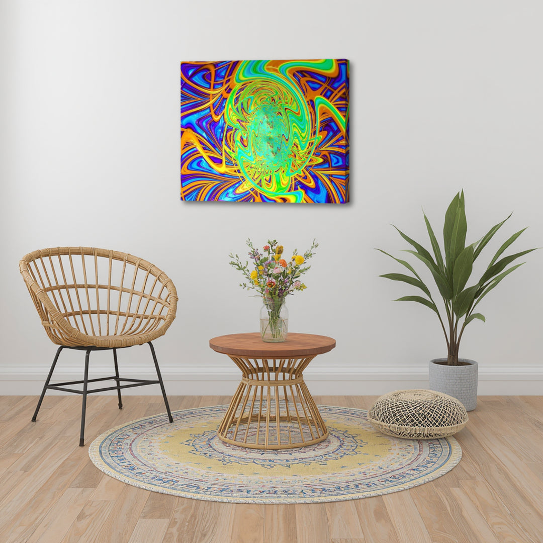 Dopey by Patrick Zion featured in a boho-inspired interior, with dynamic colorful fractal patterns that evoke a sense of playful energy and creative flow.