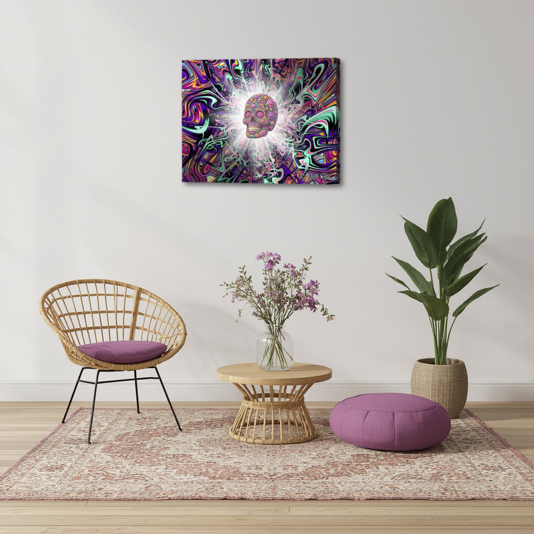 Enlightenment of La Muerte by Patrick Zion styled in a boho minimal corner with soft textures and plants, blending vibrant psychedelic detail with a grounded, contemplative interior aesthetic.