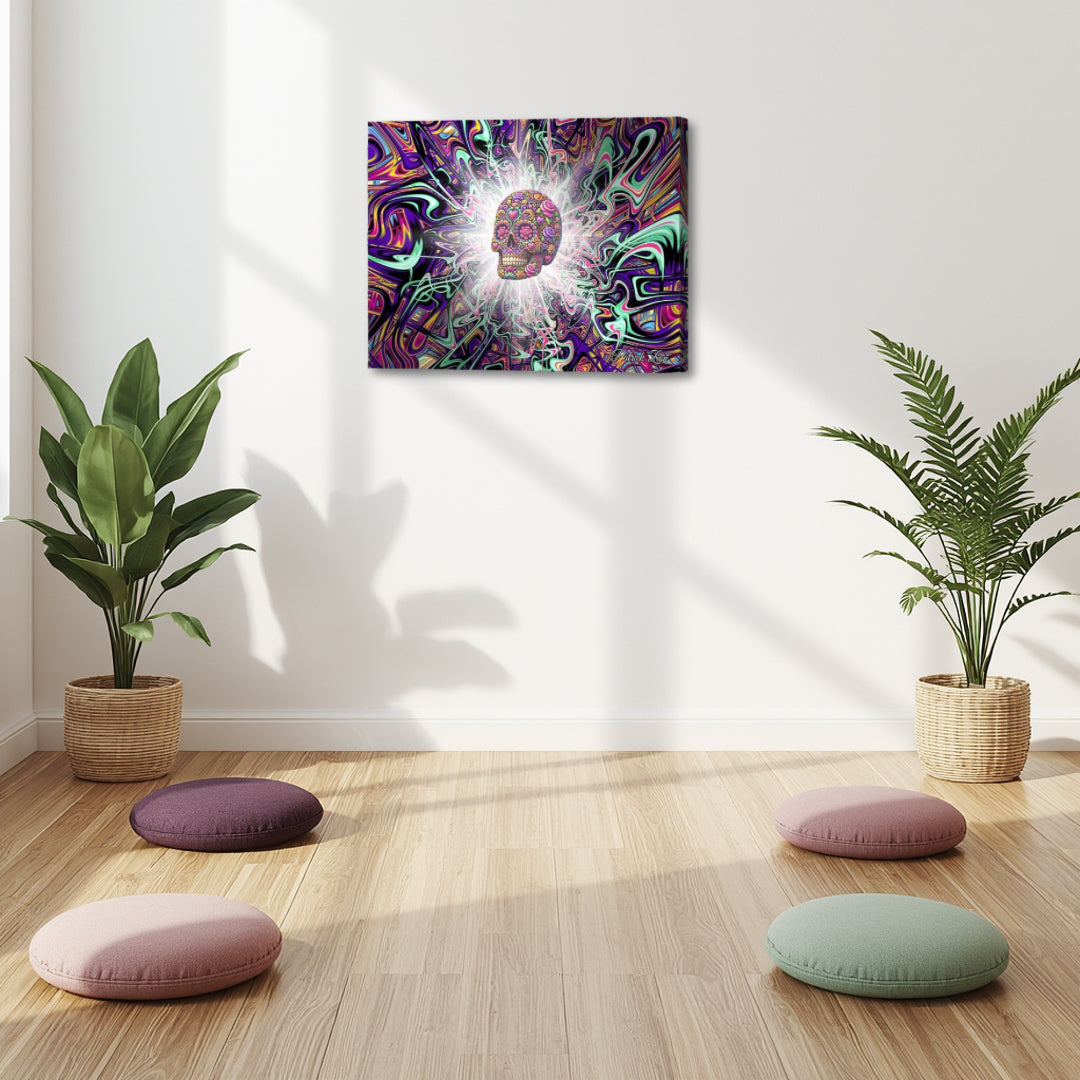 Enlightenment of La Muerte by Patrick Zion displayed in a minimalist meditation studio, where radiant fractal energy and symbolic skull imagery create an atmosphere of stillness, transformation, and inner awareness.