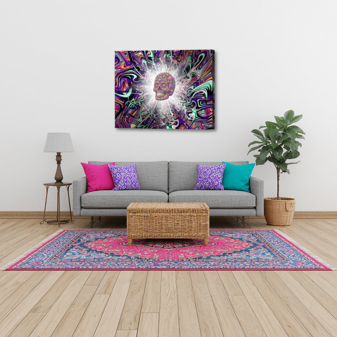 Enlightenment of La Muerte by Patrick Zion featured in a modern living room, introducing bold color, movement, and spiritual symbolism that enhances the character of the space.