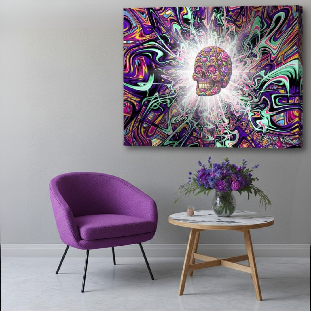 Enlightenment of La Muerte – psychedelic skull-inspired canvas artwork by Patrick Zion displayed in a modern living room with an up-close perspective, featuring radiant spiritual energy, vibrant fractal waves, and a colorful sugar skull surrounded by luminous abstract patterns.