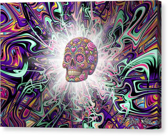 Enlightenment of La Muerte – visionary fractal canvas art by Patrick Zion, mirrored edge version illustrating a luminous skull enveloped in vibrant fractal waves symbolizing transcendence beyond life and death.