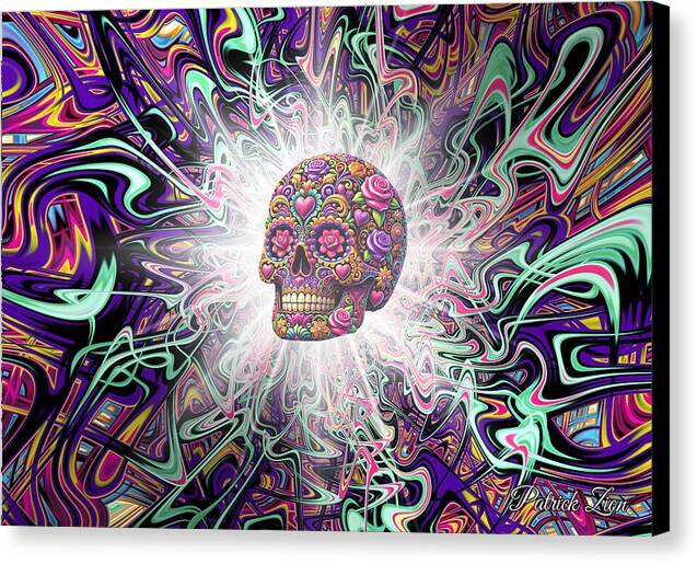 Enlightenment of La Muerte – psychedelic fractal art by Patrick Zion, black edge version depicting a radiant sugar skull surrounded by swirling cosmic energy symbolizing the beauty of death, rebirth, and spiritual illumination.