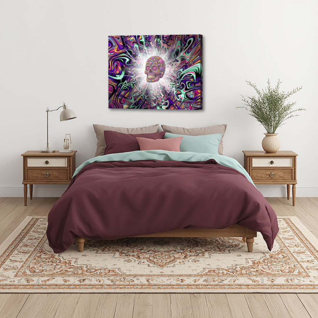 Enlightenment of La Muerte by Patrick Zion above a calm bedroom setting, combining intricate fractal patterns and symbolic imagery to evoke reflection, depth, and a sense of personal transformation.