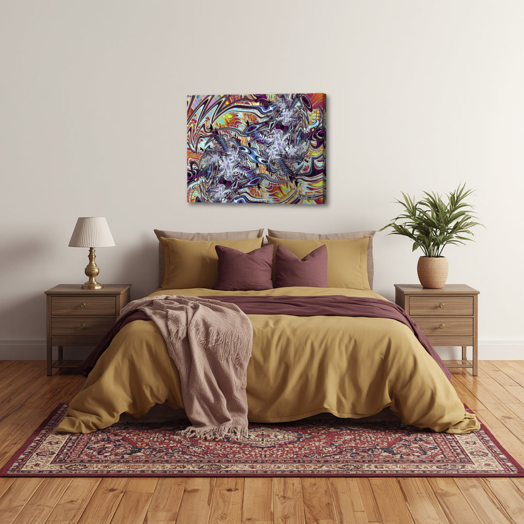 Ethereal Flux – abstract fractal canvas art by Patrick Zion displayed above a cozy bedroom bed, featuring fluid swirling patterns and layered textures creating a calming yet vibrant dreamlike atmosphere.
