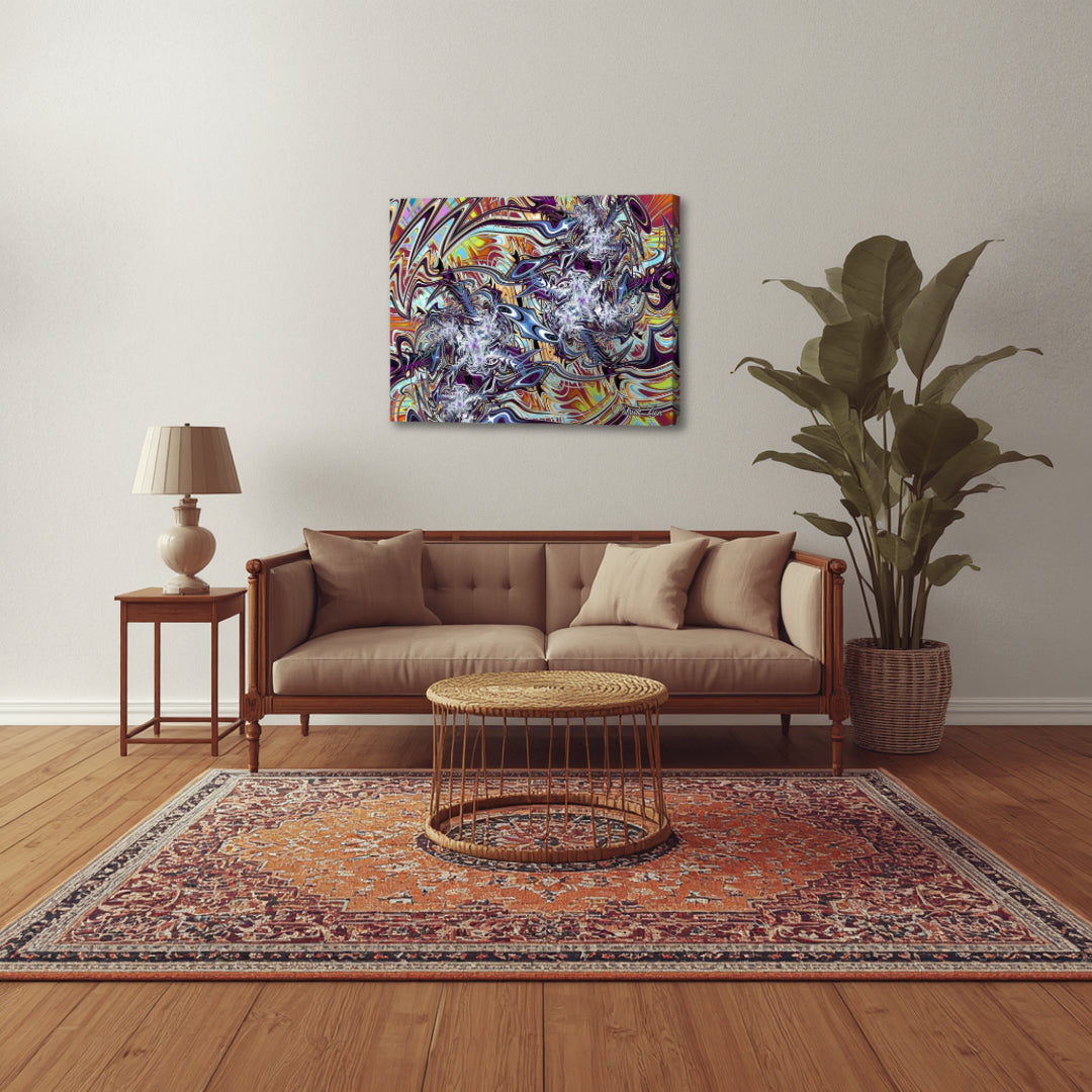 Ethereal Flux – colorful abstract wall art canvas by Patrick Zion displayed above a modern living room sofa, featuring intricate fractal motion and flowing energy patterns creating a bold and expressive focal point.
