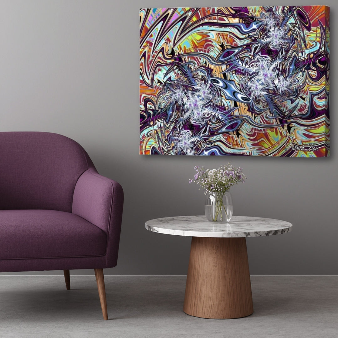 Ethereal Flux – surreal fractal wall art by Patrick Zion showcased in a contemporary interior with an up-close framing, highlighting flowing abstract energy forms, luminous violet details, and layered psychedelic motion across the canvas.