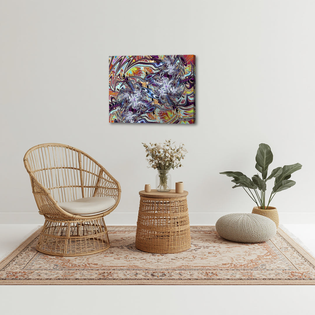 Ethereal Flux – abstract psychedelic fractal canvas by Patrick Zion displayed in a calm modern interior, featuring fluid layered patterns in soft purple, gold, and earthy tones, evoking transformation, impermanence, and the continuous flow between form and formlessness.
