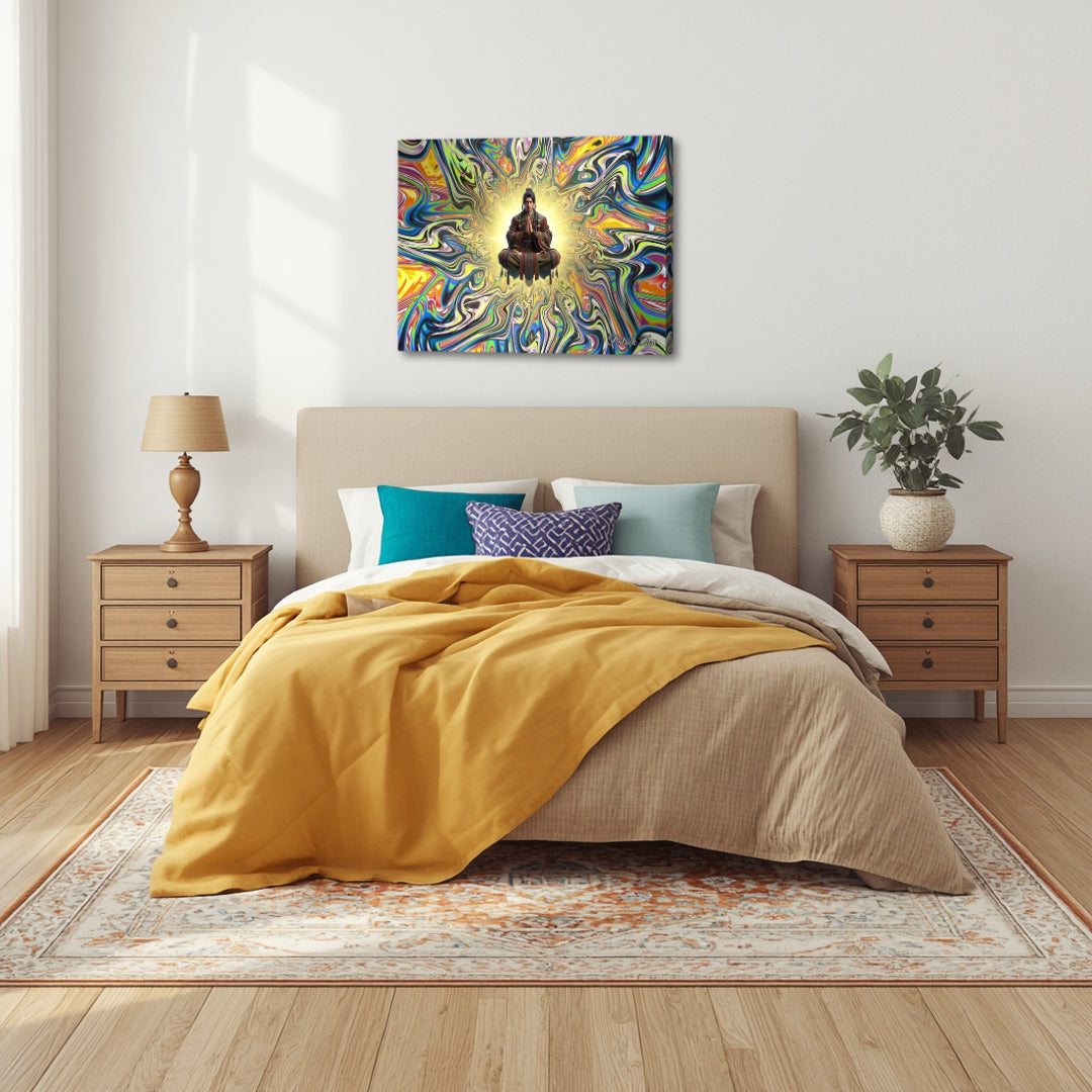 Ethereal Resonance – meditation fractal canvas art by Patrick Zion above a cozy bedroom bed, showing a centered meditative figure within flowing colorful fractal patterns, evoking calm, emotional balance, and spiritual clarity.
