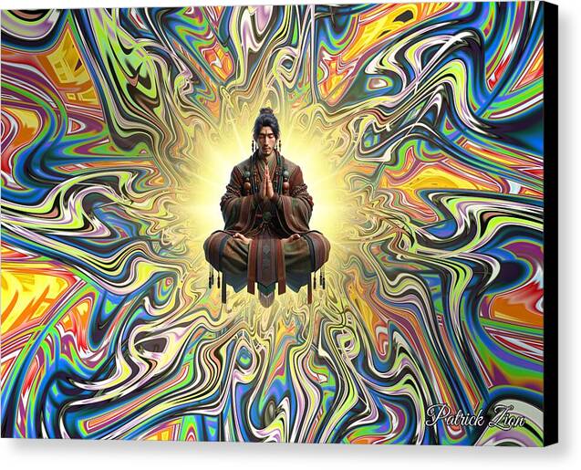 Ethereal Resonance – spiritual fractal art by Patrick Zion, black edge version showing a meditating sage radiating divine light within colorful swirling psychedelic geometry.